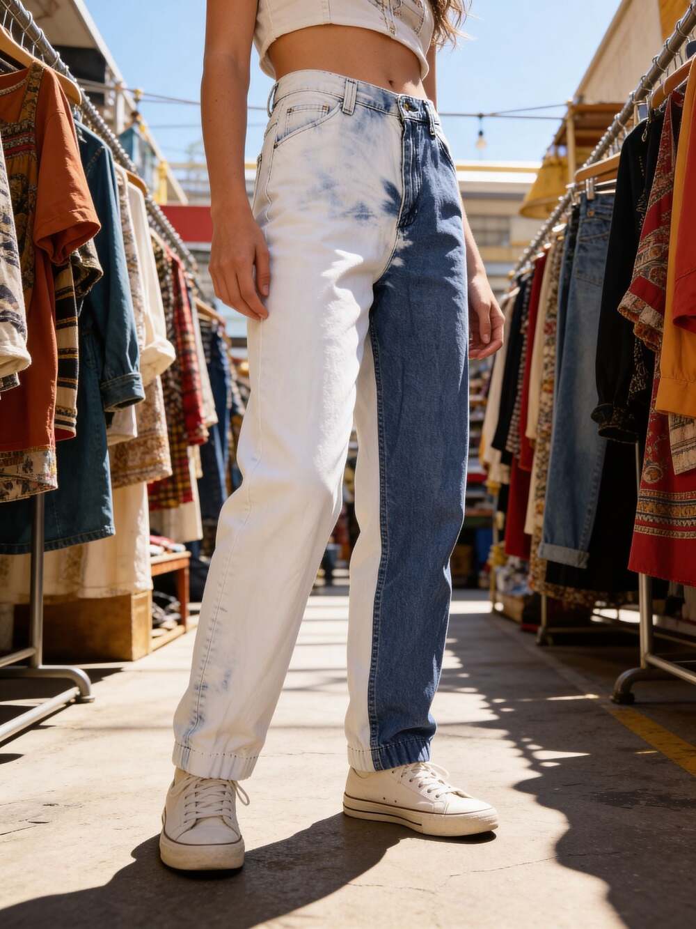 Vintage 90s High Rise Waist Mom Jeans Bleach Dyed Colorblock 10 M Punk Rock -
